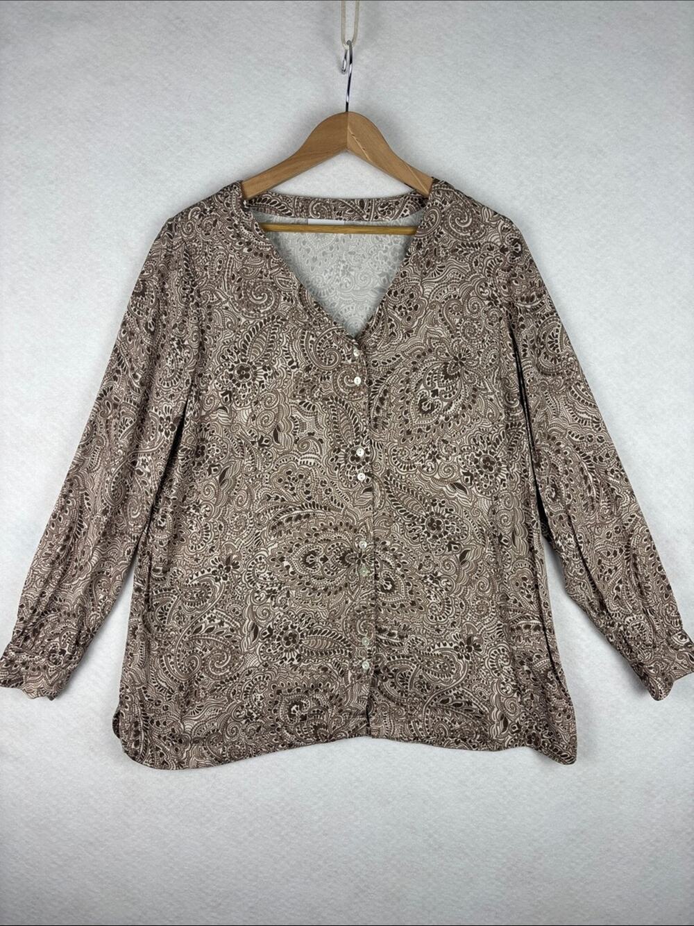 Pure Jill Paisley Button Front Blouse Women’s Medium Neutral Boho Office Casual